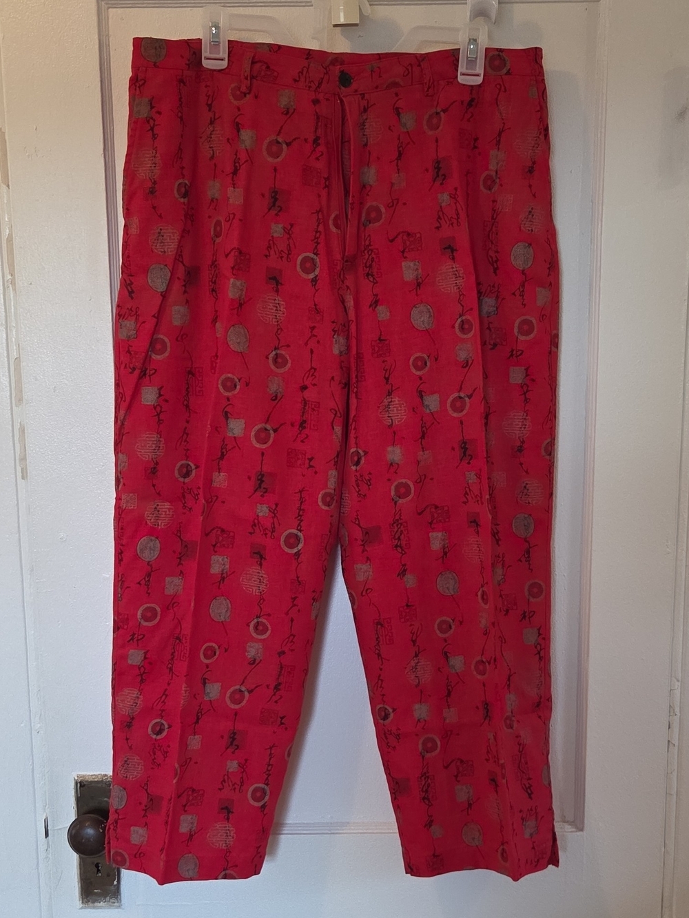 Chico's Design Red Asian Inspired Linen Rayon Flat Front Ankle Pants Pockets
